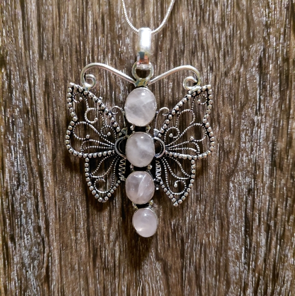 Jewelry - Silver Rose Quartz Butterfly Pendant Necklace